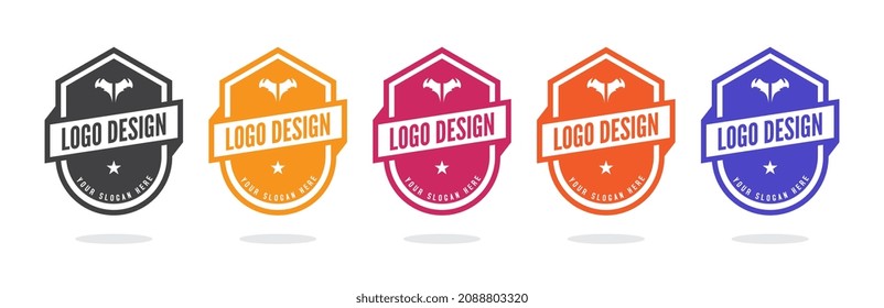 shield badge logo design template vector illustration. Set of five mountain travel emblems.