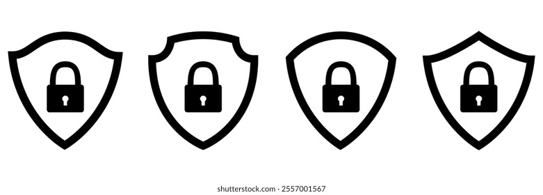 Shield badge with padlock inside collection. Security symbol. Vector illustration isolated on white.