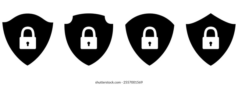 Shield badge with padlock inside collection. Security symbol. Vector illustration isolated on white.