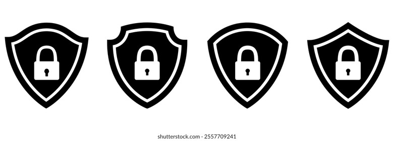 Shield badge with padlock inside collection. Security symbol. Vector illustration isolated on white.