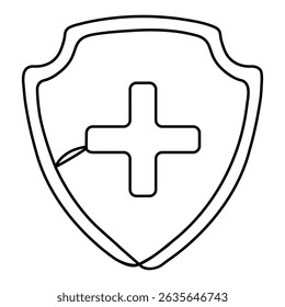 Shield badge with plus sign inside continuous line drawing. Medicine concept. Vector illustration isolated on white.	