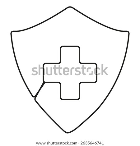 Shield badge with plus sign inside continuous line drawing. Medicine concept. Vector illustration isolated on white.	