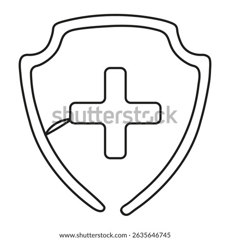 Shield badge with plus sign inside continuous line drawing. Medicine concept. Vector illustration isolated on white.	