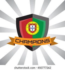Shield Badge, Portugal Nation Flag with Star Burst Background, Flat designed vector illustration