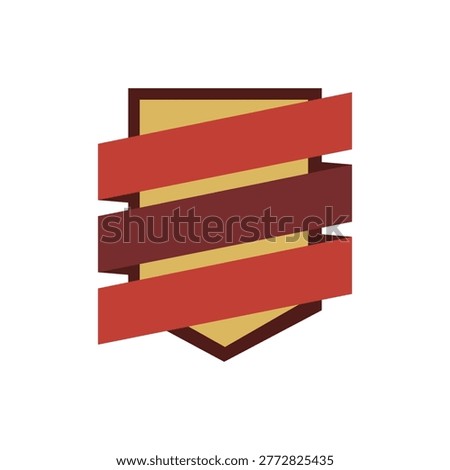 Shield Badge Vector Illustration with Three Red Ribbons, Retro Promotional Label, Flat Minimalist Certificate Icon.