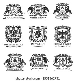 Shield badges and emblems vector design of royal heraldry. Heraldic coat of arms with lions, eagles and king crowns, knight swords, helmets and horses, griffins, pegasus, fleur-de-lis and leaf scrolls