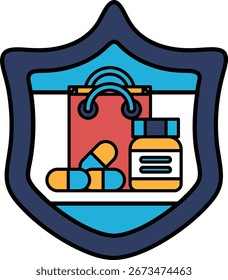 A shield with a bag and pills on it. The shield is black and white