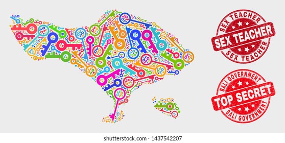 Shield Bali map and watermarks. Red round Top Secret and Sex Teacher grunge seal stamps. Colorful Bali map mosaic of different shield items. Vector collage for guard purposes.