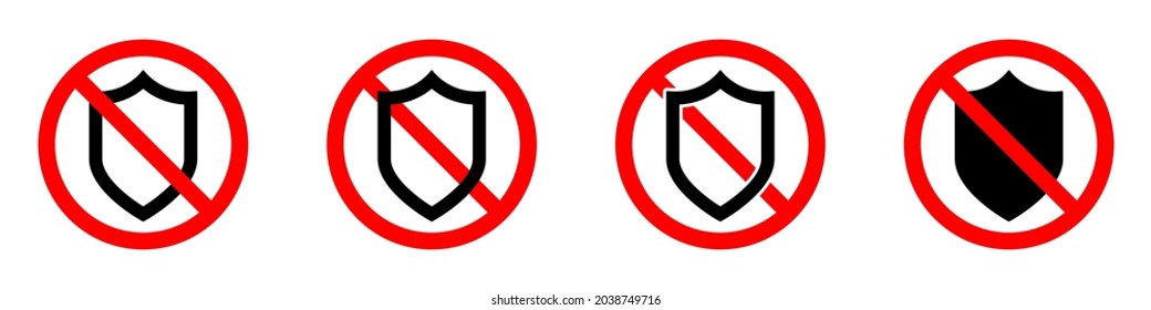 Shield ban icon. Shield is prohibited. Stop or ban red round sign with shield icon. Vector illustration. No protection icon.