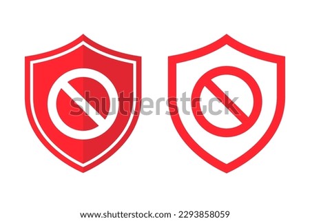 Shield ban icon. Shield is prohibited. Stop or ban red round sign with shield icon. Vector illustration. No protection icon.