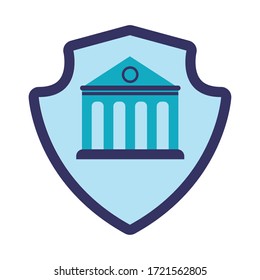 Shield With Bank Building Flat Style Icon Vector Illustration Design