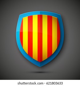 shield banner with historic flag and coat of arms of Catalonia. Protect privacy Illustration, badge icon. Banner presentation.