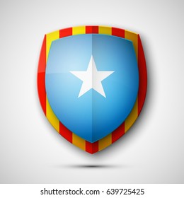 shield banner with historic flag and coat of arms of Catalonia. Protect privacy Illustration, badge icon. Banner presentation.