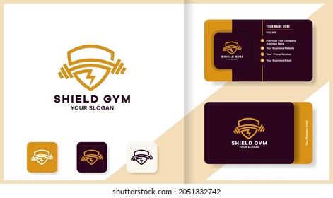 shield barbell flash combination logo and business card design