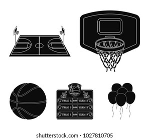 Shield with a basket, a playground, a table of commands, a basketball ball. Basketball set collection icons in black style vector symbol stock illustration web.