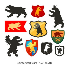 Shield with bear vector logo. Coat of arms, heraldry set icons