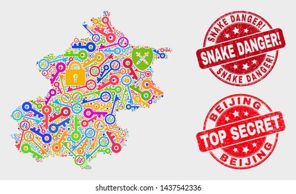 Shield Beijing City map and seal stamps. Red rounded Top Secret and Snake Danger! grunge seal stamps. Colorful Beijing City map mosaic of different registration symbols.