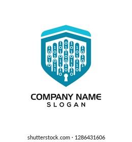 Shield with binary code for cyber security logo template