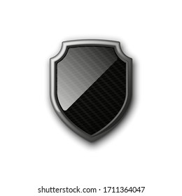 Shield with black carbon pattern icon. Safeguard Protect metal shield sign. Vector illustration