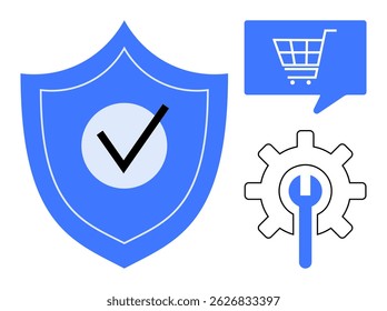Shield with black check mark, speech bubble containing shopping cart, and gear with wrench icon. Ideal for cybersecurity, e-commerce, technical support, online shopping, software services