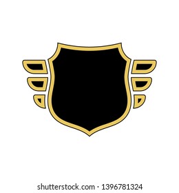 Shield black icon. Gold outline shield, golden simple wings isolated white background. Flat sign Symbol arms, security badge, heraldic insignia, guard protect. Safety element crest Vector illustration