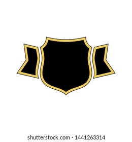Shield black icon. Gold outline shield, golden simple ribbon isolated white background. Flat sign Symbol arms, security badge heraldic insignia, guard protect. Safety element crest Vector illustration