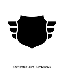 Shield black icon. Outline shield, simple wings isolated white background. Flat graphic sign. Symbol arms, security badge, heraldic insignia, guard protect. Safety element crest Vector illustration