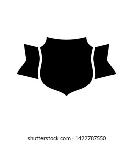 Shield black icon. Outline shield, simple ribbon isolated white background. Flat graphic sign. Symbol arms, security badge, heraldic insignia, guard protect. Safety element crest Vector illustration