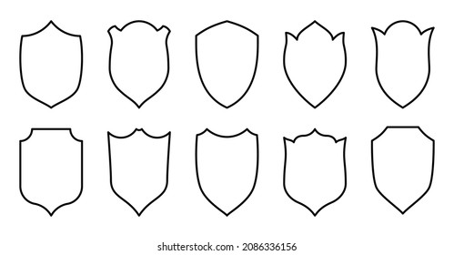 Shield black line icon set. Vector security simple form label coat of arms armor. Outline awards badge. Guarantee sign protect heraldic symbol of cut shape. Minimal medieval form isolated on white