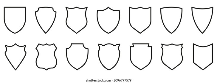 Shield Black Line Icon Set. Outline Sign of Safety, Defence Pictogram. Guard Defense Emblem Outline Icons. Police Badge Shape and Football Patches. Editable Stroke. Isolated Vector Illustration.