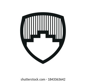 A shield with black outline, hatch background and white stairs