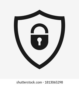 Shield black padlock icon. Shield badge : protection, secure, safety, locked concept. Isolated shield sign on white background. Flat emblem, insignia design. Vector illustration.