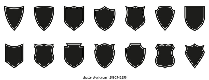 Shield Black Silhouette Icon Set. Antivirus Protect. Sign of Safety, Defence Pictogram. Guard Defense Emblem Collection Icon. Police Badge Shape and Football Patches. Isolated Vector Illustration.