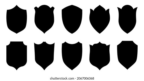 Shield black stamp flat icon set. Vector security blank label coat of arms armor logo. Guarantee sign protect heraldic symbol of cut shape. Vintage awards badge. Medieval form isolated on white