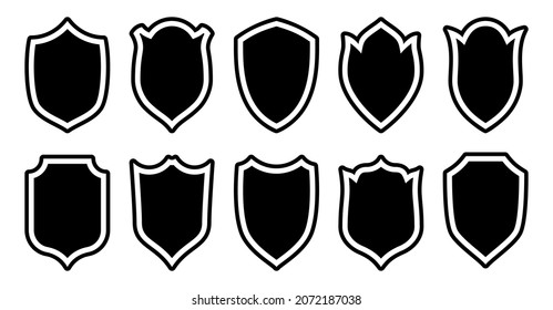 Shield black stamp flat icon set. Vector security simple label coat of arms armor logo. Insignia protect heraldic symbol of cut shape. Minimal intage awards badge. Medieval form isolated on white