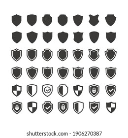 Shield black vector icon set. Shields with checkmark or tick symbol and padlock glyph icons.