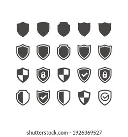 Shield black vector icon set. Shields with checkmark or tick symbol and padlock glyph icons.