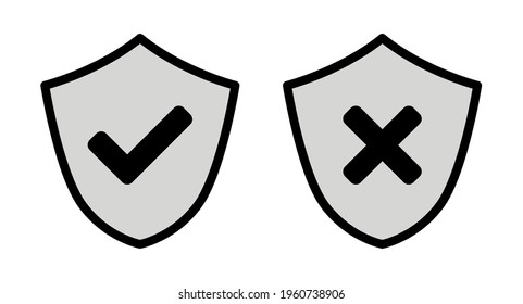 Shield Black White and Gray Safe and Unsafe Security Icon Set with Checkmark and X Cross Signs. Vector Image.