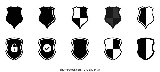 Escudo ícone preto e branco conjunto, escudo de segurança ícone conjunto, armadura ícone de sinal, rótulo clássico ícone de botão