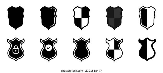 Escudo ícone preto e branco conjunto, escudo de segurança ícone conjunto, armadura ícone de sinal, rótulo clássico ícone de botão
