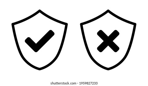 Shield Black and White Safe and Unsafe Security Icon Set with Checkmark and X Cross Signs. Vector Image.