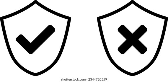 Shield Black and White Safe and Unsafe Security Icon Set with Checkmark and X Cross Signs. Vector Image.