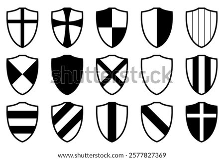 shield, black and white vector silhouette illustration of shields shape, isolated on white background, icon set