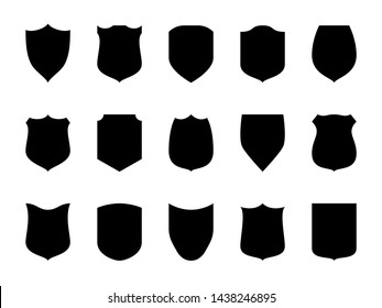 Shield blank emblems. Heraldic shields, security black labels. Knight award, medieval royal vintage badges isolated vector. Protect shape arms silhouette elements set.