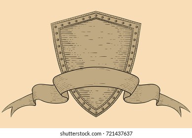 Shield with blank ribbon banner, on beige background. Hand drawn sketch. Vector illustration