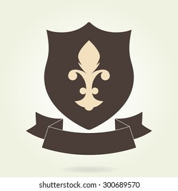 Shield with blazon and ribbon icon or sign. Heraldic royal design element. Vector illustration.