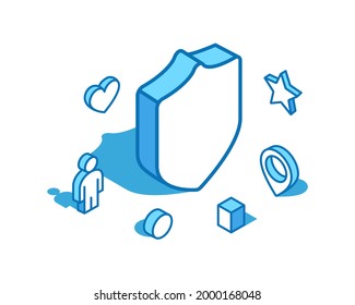 Ilustración isométrica de la línea azul Escudo. Seguridad, guarda la plantilla de banner 3D.