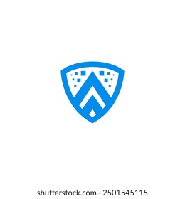 Shield blue logo, letter A symbol, pixel icon