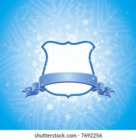 Shield, blue ribbon and decorative snowflakes, vector