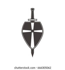 Shield board with sword in flat style a vector